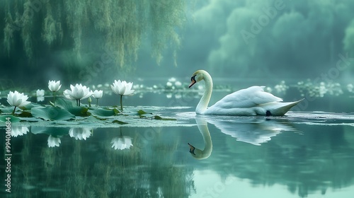 Fototapeta Naklejka Na Ścianę i Meble -  A tranquil scene of a swan gliding across a mirrored lake with blooming water lilies