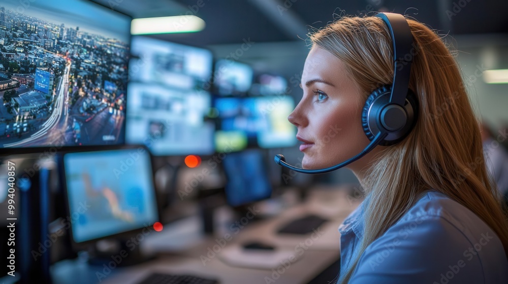 Female operator working at a control center with multiple screens. Female operator working at a control center with multiple screens.