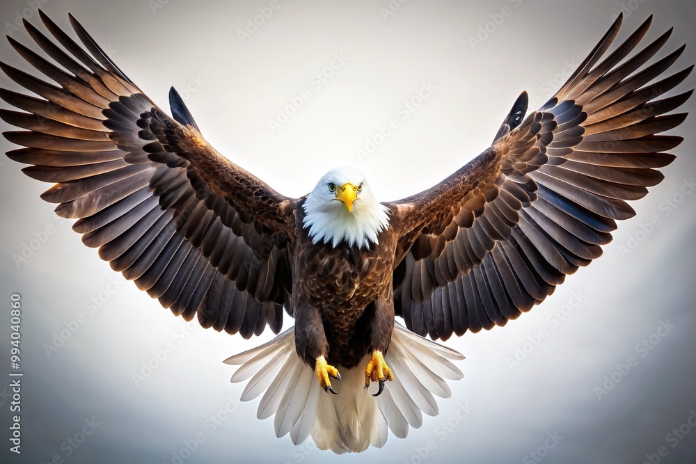 Obraz premium Majestic American bald eagle spreads wings wide, showcasing sharp talons and regal plumage, against a clean transparent background, symbolizing power and freedom.
