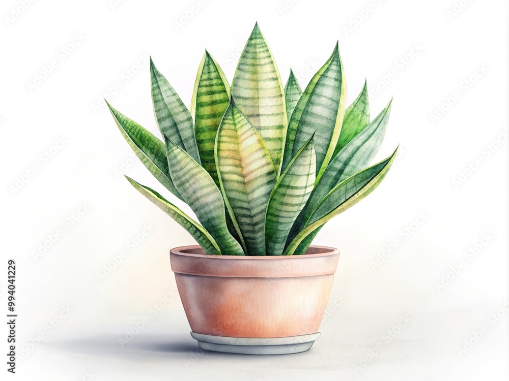 Delicate watercolor snake plant on white background showcases intricate leaf details, subtle gradient shading, and soft pastel hues in a beautiful, serene ceramic pot. Delicate watercolor snake plant on white background showcases intricate leaf details, subtle gradient shading, and soft pastel hues in a beautiful, serene ceramic pot.
