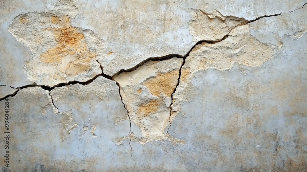 Obraz premium Close-up of a cracked and weathered wall with peeling paint, showcasing texture and age. Ideal for backgrounds or architectural themes.