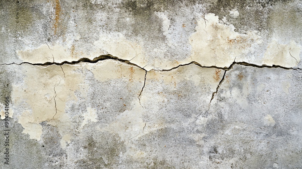 Fototapeta premium Close-up view of a cracked concrete wall, showcasing texture and aging effects ideal for background or architectural themes.