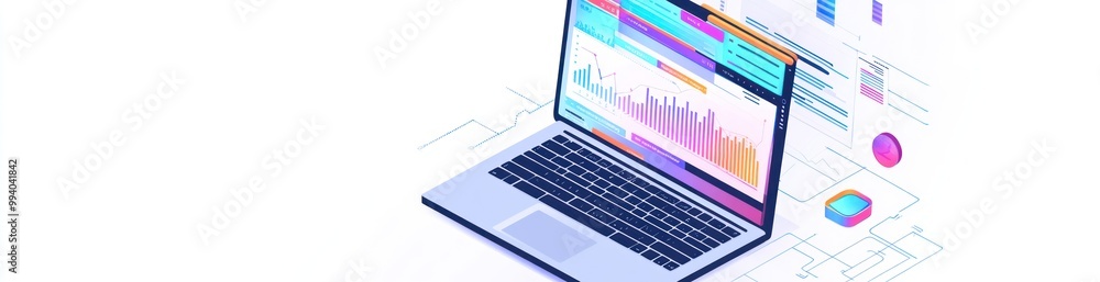A laptop displaying data visualizations and analytics graphics. A laptop displaying data visualizations and analytics graphics.