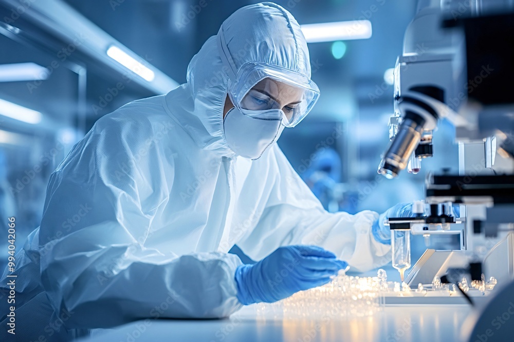 Scientist in a protective suit and mask working with a microscope, analyzing samples in a modern laboratory with advanced equipment Scientist in a protective suit and mask working with a microscope, analyzing samples in a modern laboratory with advanced equipment