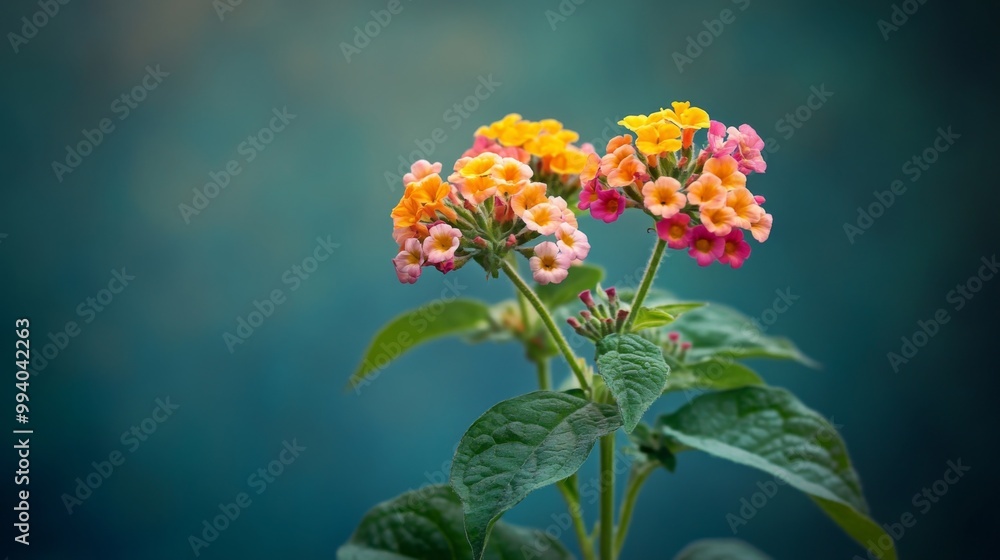 Obraz premium A cluster of vibrant pink, orange, and yellow flowers with green leaves against a teal blue background.