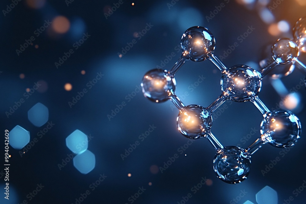 3d rendering of a glass molecule structure, with luminous spheres representing atoms, floating on a blue background with bokeh effects 3d rendering of a glass molecule structure, with luminous spheres representing atoms, floating on a blue background with bokeh effects
