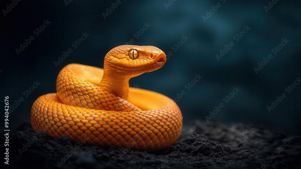 Vibrant orange snake coiled on a dark surface, dramatic lighting enhances details. Vibrant orange snake coiled on a dark surface, dramatic lighting enhances details.