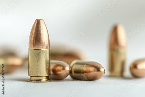 Collection of 9mm bullets displayed against a white backdrop, one standing upright in the foreground, showcasing sleek design and metallic sheen. Evokes themes of danger, protection, and conflict photo