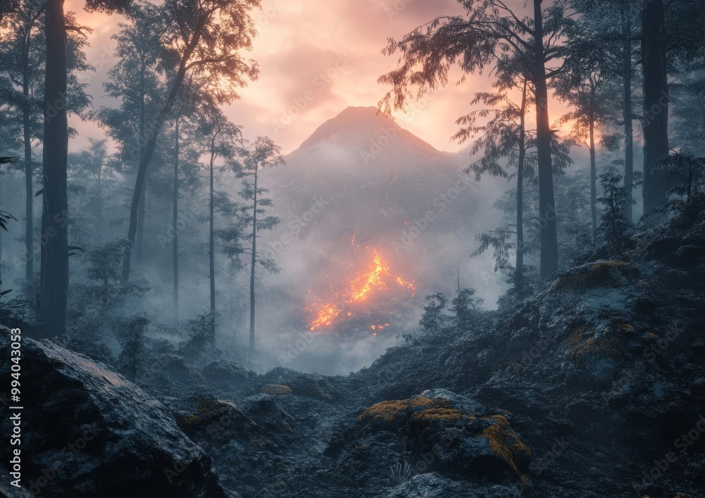 Fototapeta premium A volcano in the forest evokes an awe-inspiring scene where nature's beauty and power intersect.