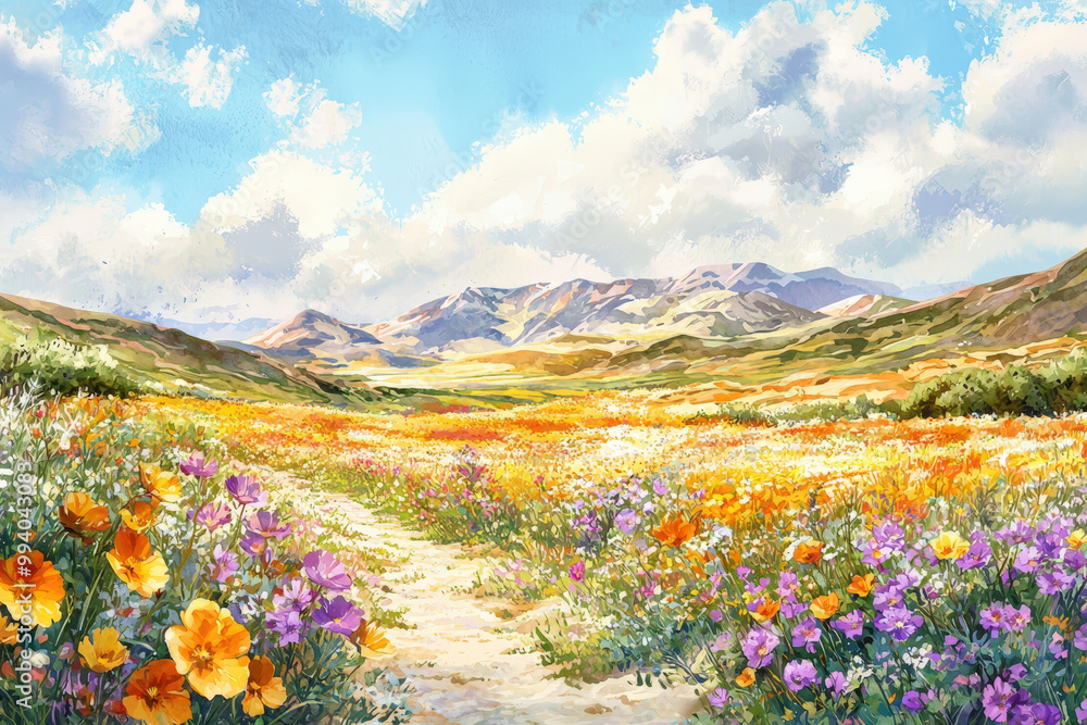 Obraz premium A vast desert landscape adorned with colorful wildflowers under bright blue sky, showcasing vibrant blooms and majestic mountains in background. scene evokes sense of tranquility and natural beauty