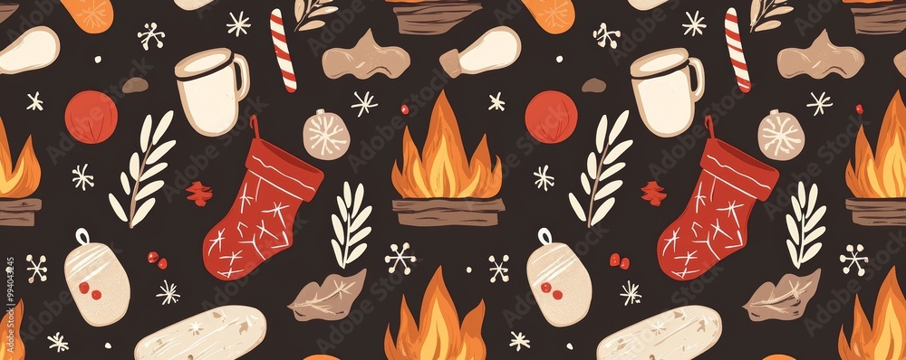 Festive holiday pattern featuring cups, stockings, fire, and treats on a dark background. Festive holiday pattern featuring cups, stockings, fire, and treats on a dark background.
