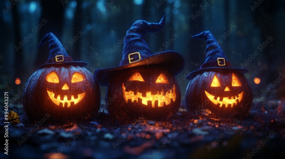 Haunted Jack-O'-Lantern Pumpkins with Witch Hats in a Foggy Halloween Forest Haunted Jack-O'-Lantern Pumpkins with Witch Hats in a Foggy Halloween Forest