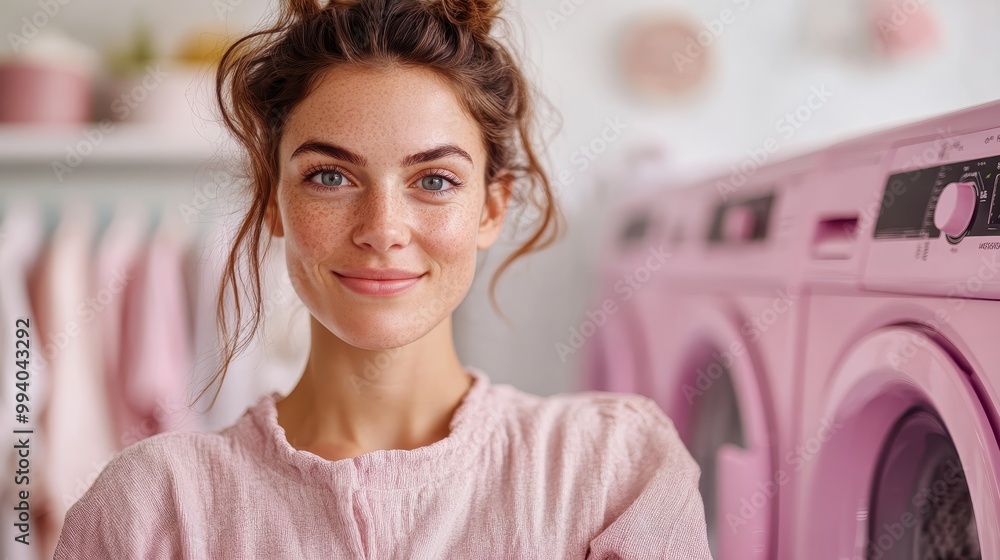 A young woman, with a cheerful demeanor, stands next to a row of pink washing machines, emitting warmth and lively energy in this contemporary and vivid imagery. A young woman, with a cheerful demeanor, stands next to a row of pink washing machines, emitting warmth and lively energy in this contemporary and vivid imagery.