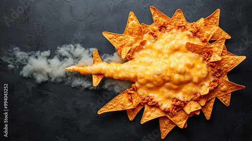 Delicious nachos shaped like airplane, soaring through cloud of cheese!