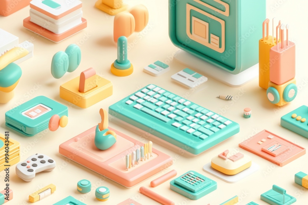 A colorful arrangement of digital and office items, showcasing a modern workspace aesthetic. A colorful arrangement of digital and office items, showcasing a modern workspace aesthetic.