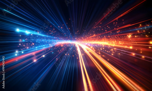 Data speed lines on a dark background, representing the concept of optical cables and high internet speed. Lines of light symbolizing the flow of information, generative ai