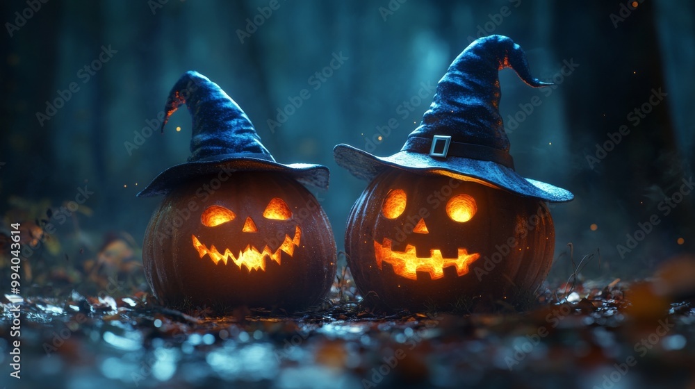 Fototapeta premium Haunted Jack-O'-Lantern Pumpkins with Witch Hats in a Foggy Halloween Forest