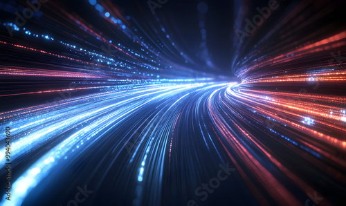 Data speed lines on a dark background, representing the concept of optical cables and high internet speed. Lines of light symbolizing the flow of information, generative ai