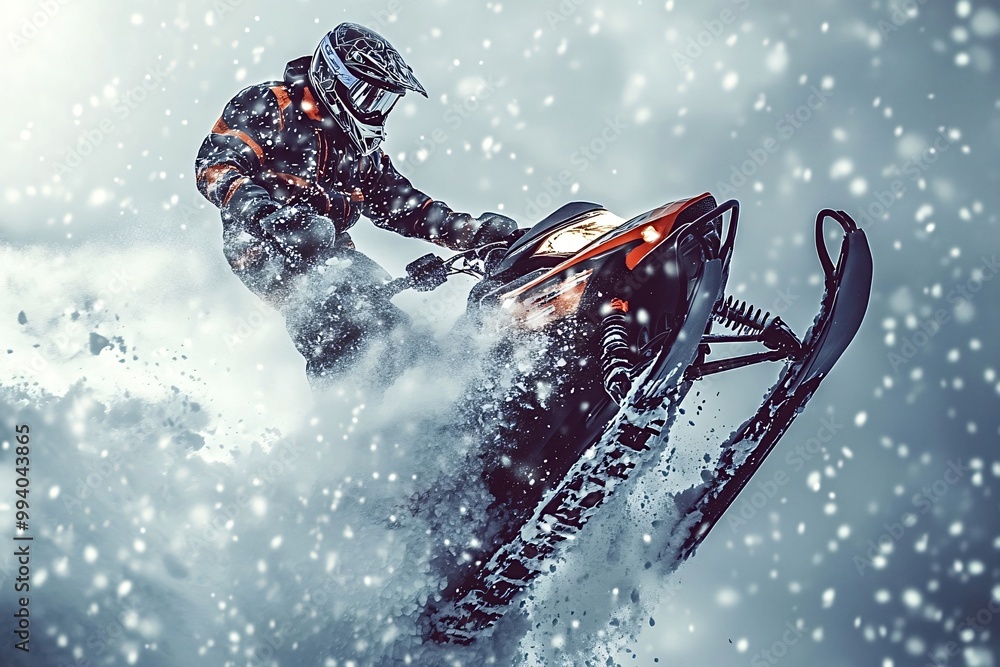 Naklejka premium Snowmobile racer jumps high in the air, creating a snowy cloud. The thrilling scene captures winter sports essence, showcasing skill and speed