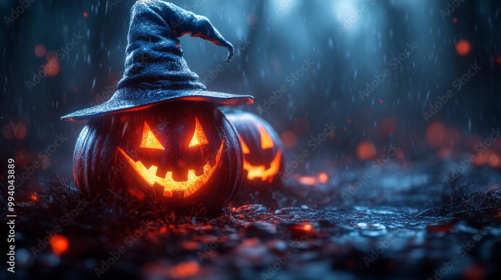 Fototapeta premium Haunted Jack-O'-Lantern Pumpkins with Witch Hats in a Foggy Halloween Forest