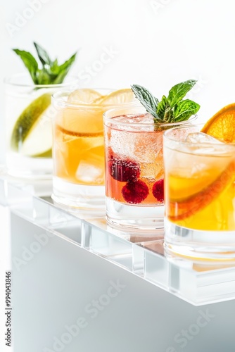 Four refreshing cocktails garnished with mint, lemon, and orange, served in clear glasses, white isolated background.