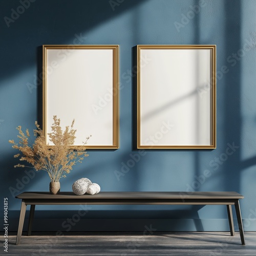 Bohemian Decor Mockup with Contemporary Gold Frames, Dark Wooden Bench, and Decorative Elements on Blue Background photo