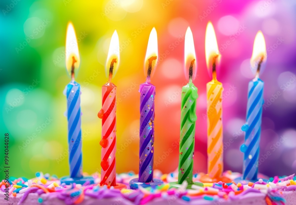 Colorful birthday cake topped with vibrant candles on a joyous celebration backdrop Colorful birthday cake topped with vibrant candles on a joyous celebration backdrop