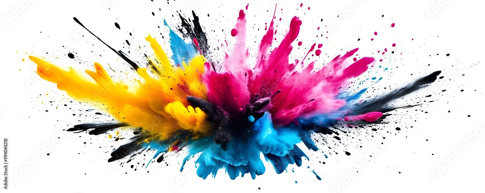 A vibrant CMYK explosion depicting a dynamic burst of cyan, magenta, yellow, and black toner splatters against a white background, symbolizing creativity and the printing process, generative ai A vibrant CMYK explosion depicting a dynamic burst of cyan, magenta, yellow, and black toner splatters against a white background, symbolizing creativity and the printing process, generative ai