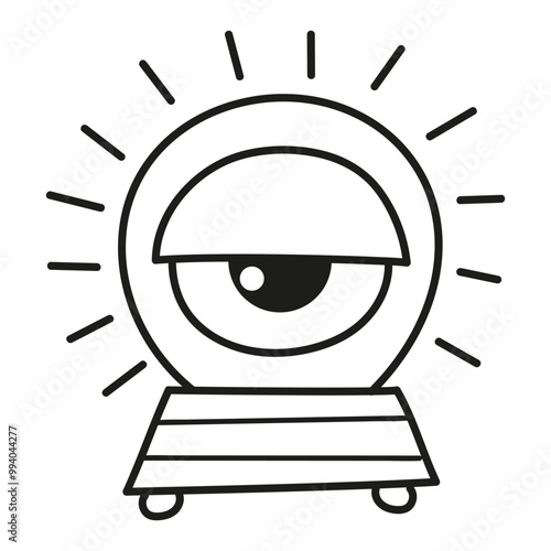 Black and white illustration of a fortune telling ball with an eye inside, Halloween, coloring page