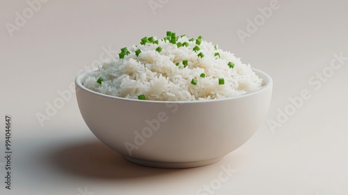 A bowl of fluffy white rice garnished with chopped green herbs.