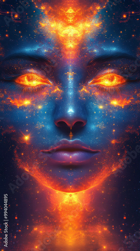 A captivating digital artwork of a glowing cosmic face with fiery eyes, blending vibrant orange and blue hues in a futuristic and ethereal design