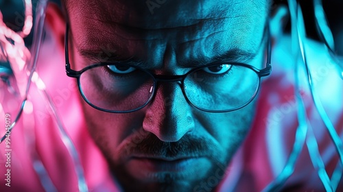 A man with glasses illuminated by colorful neon wire lights, creating a vivid and futuristic atmosphere with a mix of pink and blue hues surrounding him. photo