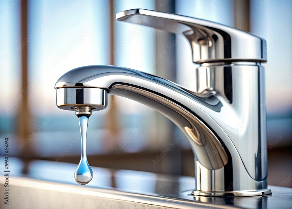 A close-up of a sleek, modern faucet with a shiny metal handle and a slight drip of clear water escaping from the lip of the spout. A close-up of a sleek, modern faucet with a shiny metal handle and a slight drip of clear water escaping from the lip of the spout.
