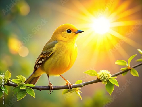 A bright yellow bird perched on a branch, surrounded by soft morning light, symbolizing the concept of early riser, dawn, and new beginnings in nature. photo