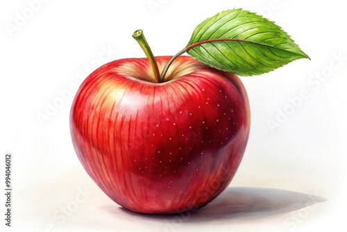A hand-drawn image of a vibrant red apple complements a crisp stem and a leaf that gently wraps around it.