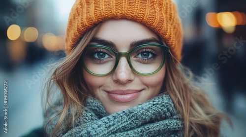 A woman wearing an orange knit hat and green glasses smiles warmly on a cold day, bundled up outdoors with a thick scarf, expressing fashion and coziness.