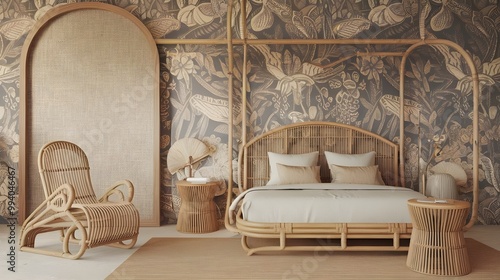 Cozy bedroom featuring rattan furniture, a bed, chair, a plant and a large blank mock-up setting. photo