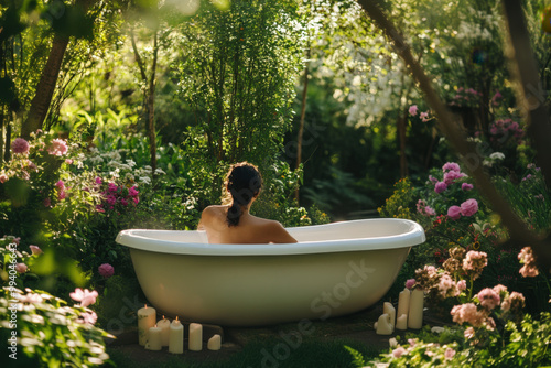 Fototapeta Naklejka Na Ścianę i Meble -  Woman is enjoying a relaxing bath in a lush garden surrounded by flowers and greenery