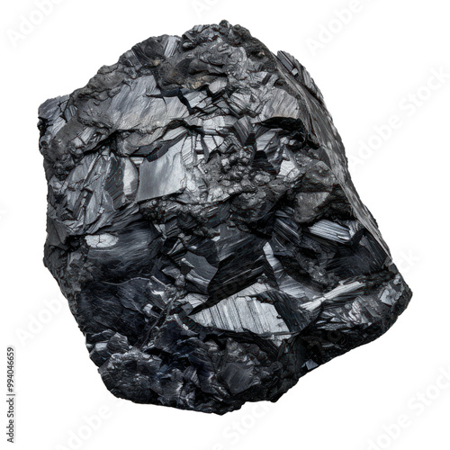 Piece of raw black coal is laying on a white background showing its texture photo