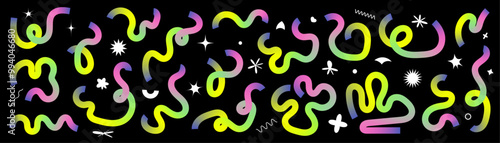 Set of abstract liquid doodle elements in neon colors. Minimalist curved gradient ribbons for creating modern designs.