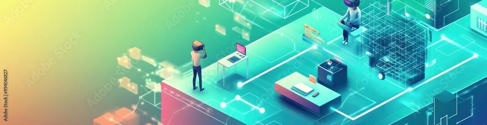 Obraz premium Futuristic digital workspace with virtual reality elements and data visualization.