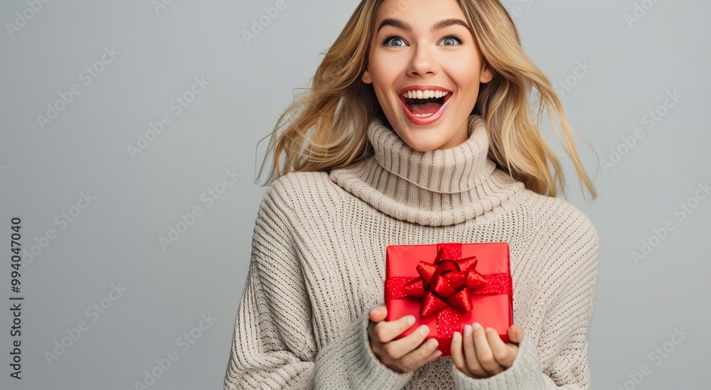 Joyful woman in a cozy sweater excitedly holds a red gift box with a bow against a neutral background Joyful woman in a cozy sweater excitedly holds a red gift box with a bow against a neutral background