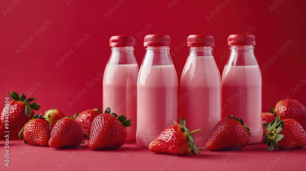 Fresh strawberries and milk bottles, placed on a red background, perfect for a refreshing and healthy concept. Fresh strawberries and milk bottles, placed on a red background, perfect for a refreshing and healthy concept.