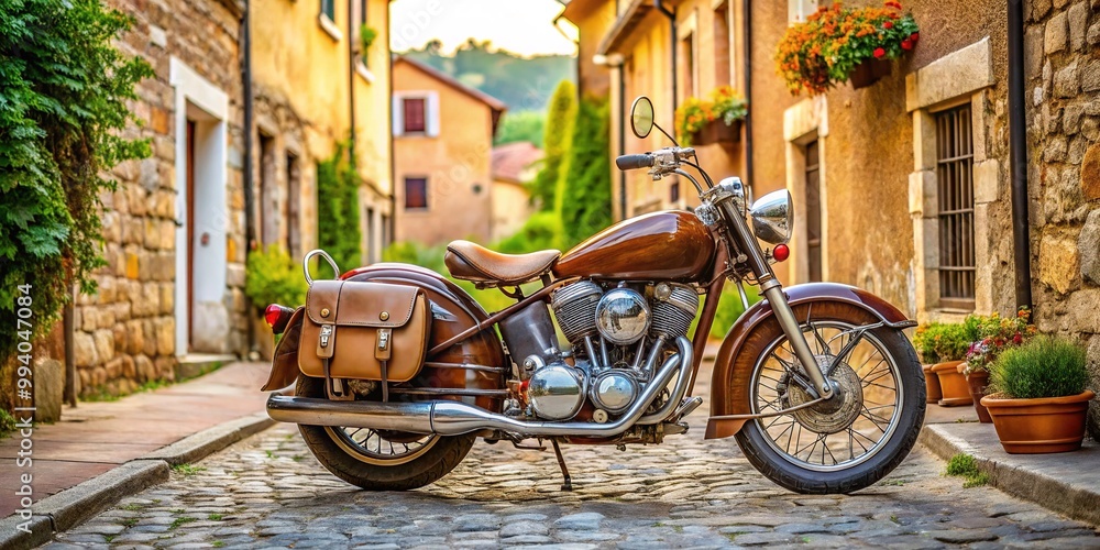 Fototapeta premium A restored classic motorcycle from the 1950s, with gleaming chrome pipes and worn leather saddle, parked on a worn stone street in a quaint town.