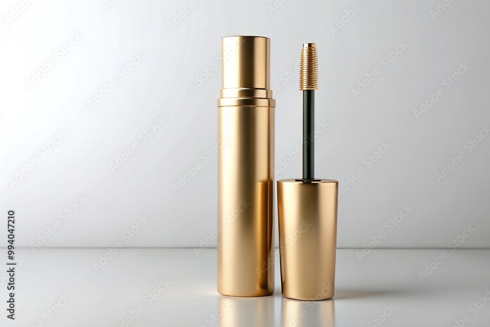 A sleek, modern Cosmetic Product Mockup featuring a stylish bottled Mascara with a golden cap and sleek typography on a clean white background. A sleek, modern Cosmetic Product Mockup featuring a stylish bottled Mascara with a golden cap and sleek typography on a clean white background.