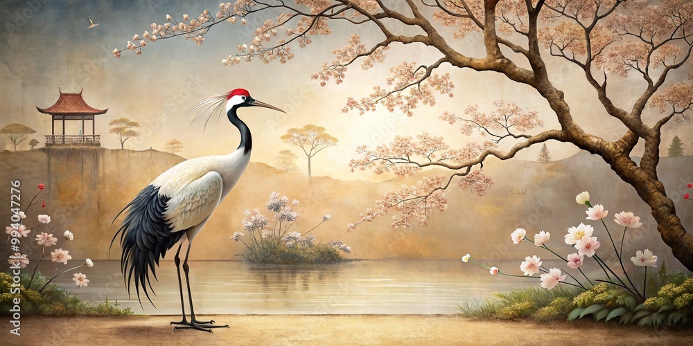 Fototapeta premium A majestic crane stands amidst a serene Asian-inspired wallpaper backdrop featuring cherry blossoms, subtle textures, and delicate watercolor hues, evoking tranquility and refinement.