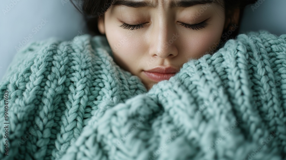 A woman lies wrapped in a cozy blanket with her eyes closed, exuding warmth and comfort. The scene portrays a tranquil moment of relaxation and self-care. A woman lies wrapped in a cozy blanket with her eyes closed, exuding warmth and comfort. The scene portrays a tranquil moment of relaxation and self-care.