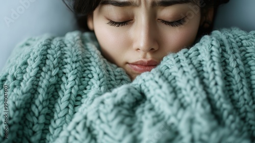 A woman lies wrapped in a cozy blanket with her eyes closed, exuding warmth and comfort. The scene portrays a tranquil moment of relaxation and self-care.