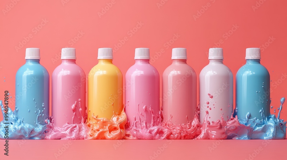 Bottles of various colors surrounded by splashes of liquid on a solid surface Bottles of various colors surrounded by splashes of liquid on a solid surface