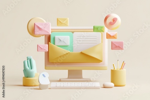 A pastel-themed digital workspace featuring a computer, envelopes, and stationery items.